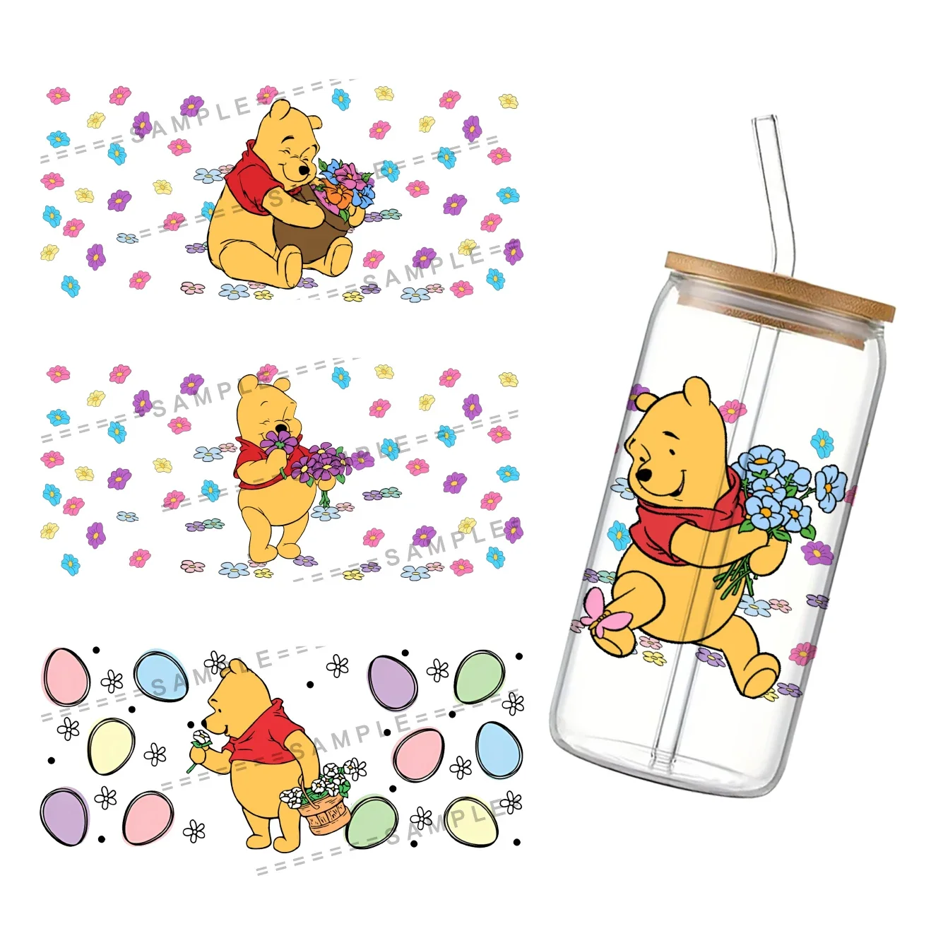 Pasqua Disney Winnie Bear 3D impermeabile UV DTF Cup Wrap per 16Oz Libbey Glass Can adesivo di trasferimento fai da te