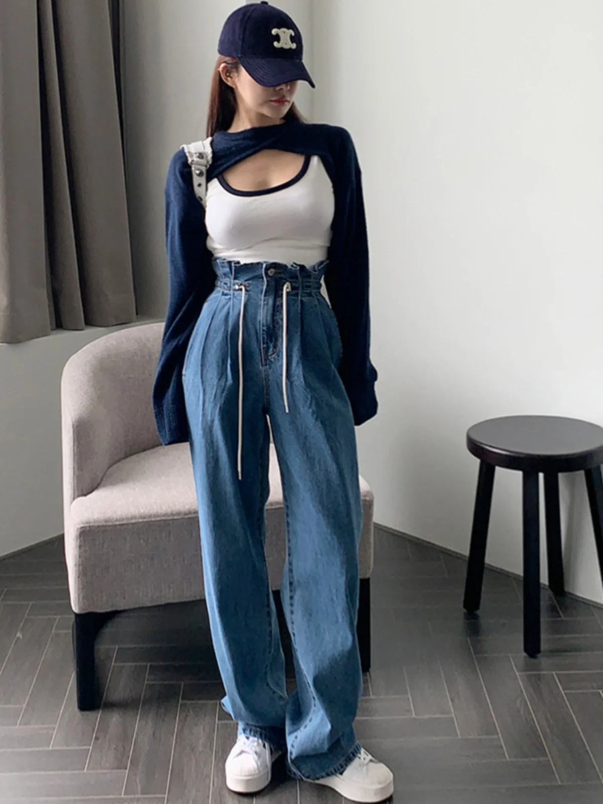 

Джинсы-клеш с талией в стиле ретро, женские свободные брюки с завязками на талии, прямые брюки Харлан, длинные брюки с высокой талией, всесезонные