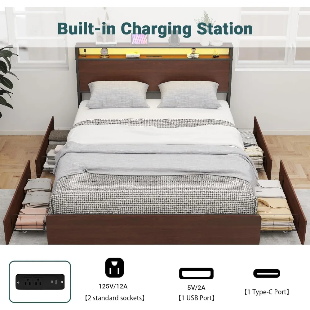 Marco de cama tamaño Queen/Full con 4 cajones de almacenamiento y cabecero con luz LED de almacenamiento de 2 niveles, sin ruido, No requiere somier