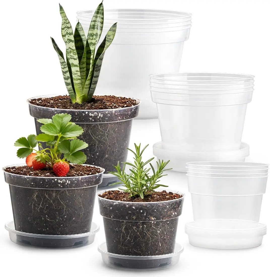 

15 Pack Clear Nursery Pots with Saucers, Transparent Plastic Plant Pots for Gardening Indoor Outdoor