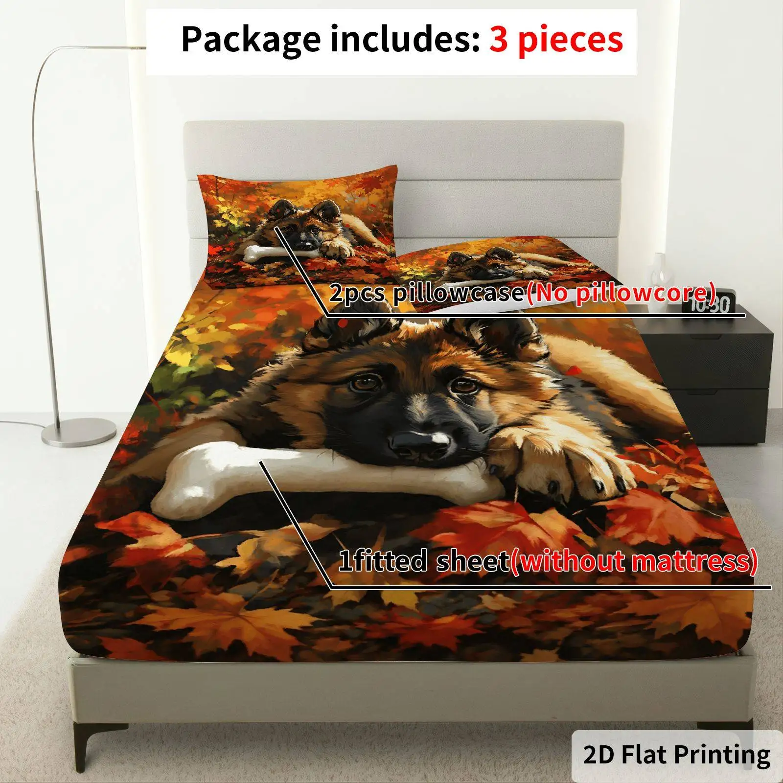 2D Flat Priting, Mattress Protector, Mattress Cover, Elastic Fitted Sheet Cover King/Twin/Queen Size 2D Flat Print 3-Piece Set Autumn Leaves German Shepherd Dog Bedding Set (1 Fitted Sheet and 2 Pillowcases, No Core), Thanksgiving Theme, Autumn Leaves Dog Bedding, Mattress Protector Soft and Breathable