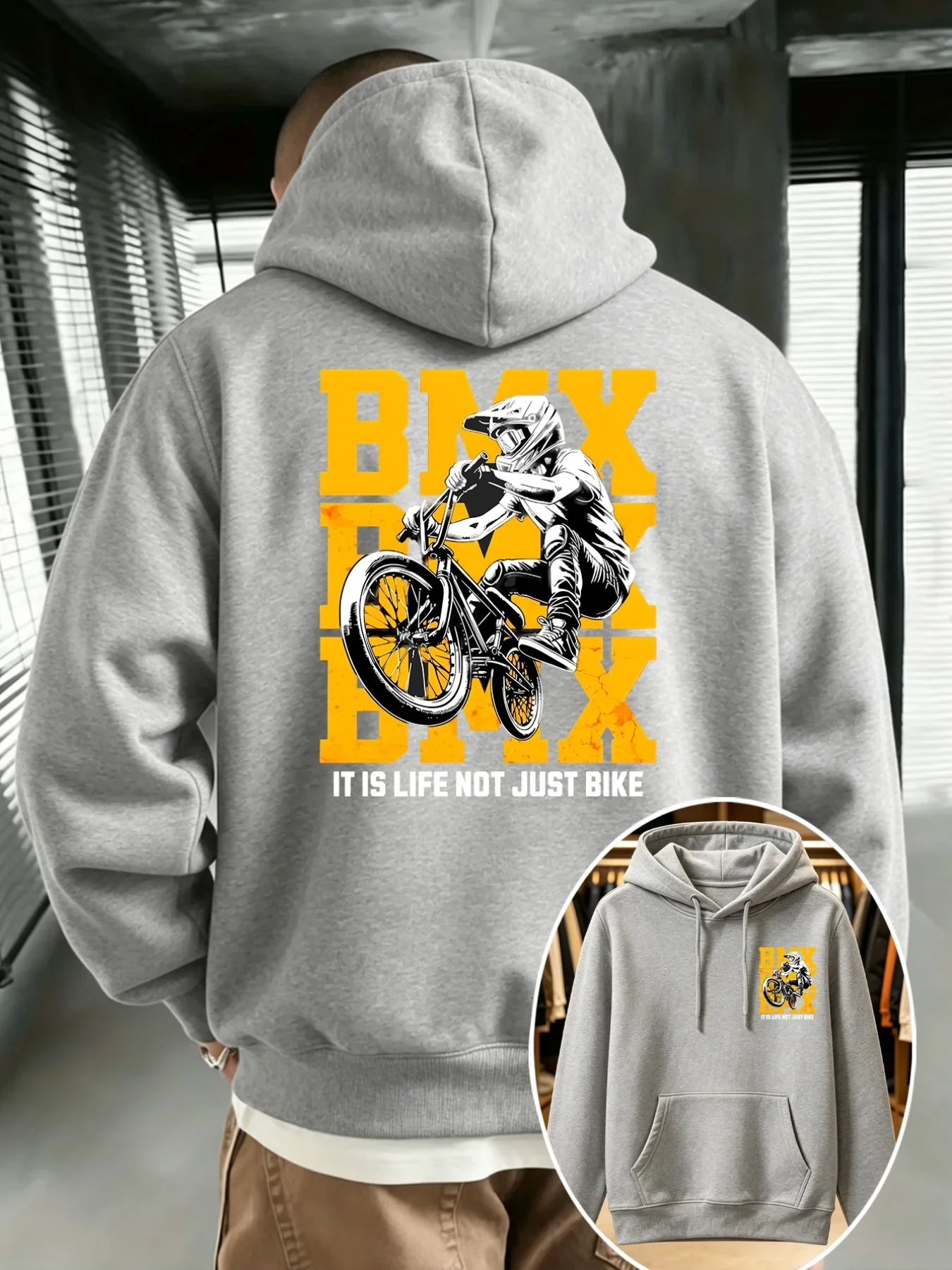 Extreme Sports BMX Men Hoodie Bicycle Rider Front & Back Graphic Autumn Winter Fleece Lined Casual Loose Hooded Sweatshirt