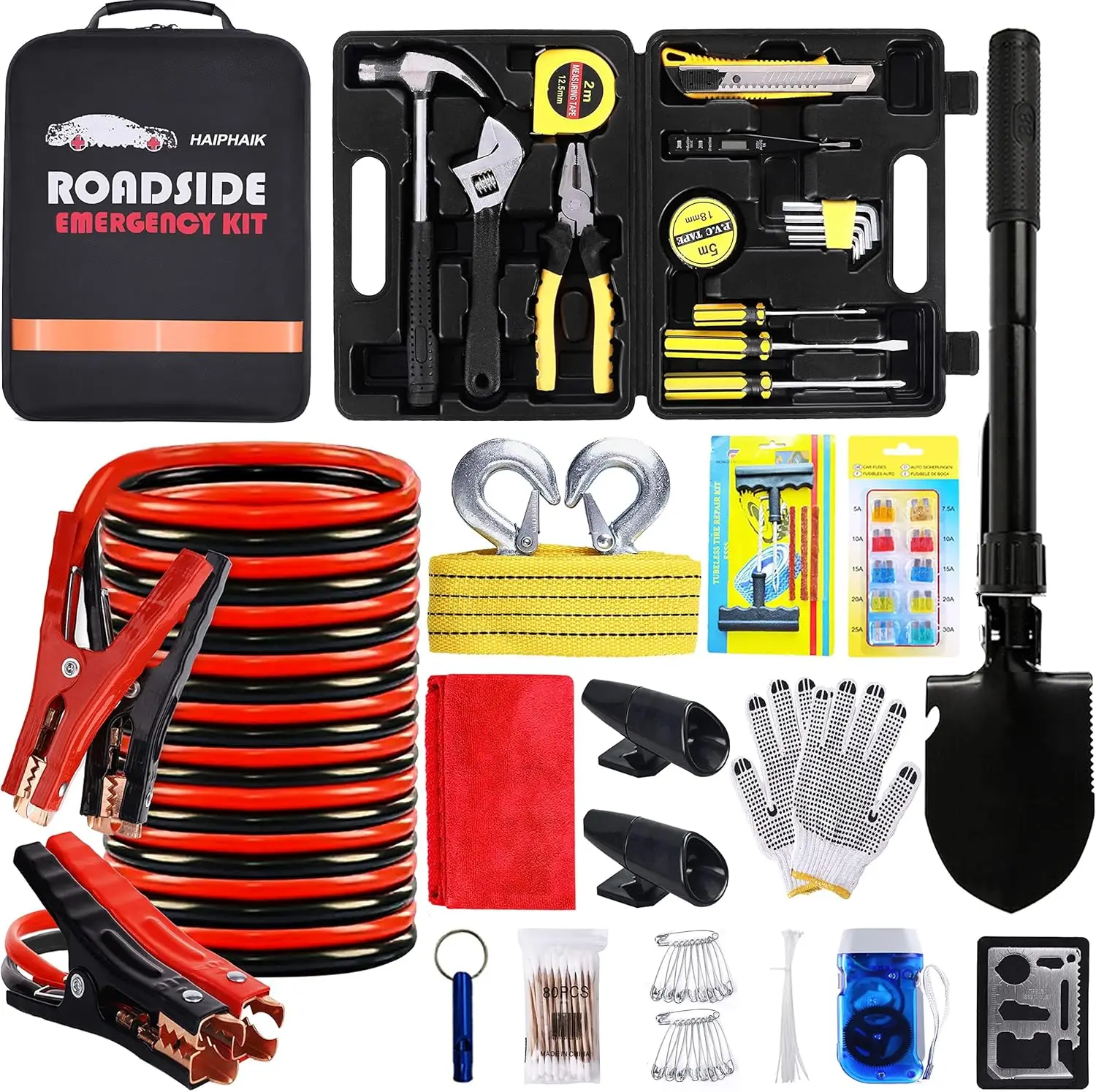 

Portable Car Emergency Kit with Jumper Cables, Tow Rope, Folding Shovel & Safety Tools for Roadside Assistance