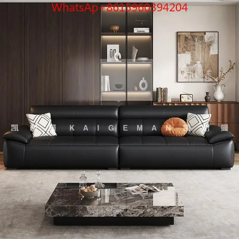 Italian minimalist straight piano keys leather sofa modern simple small apartment living room black first-layer cowhide sofa