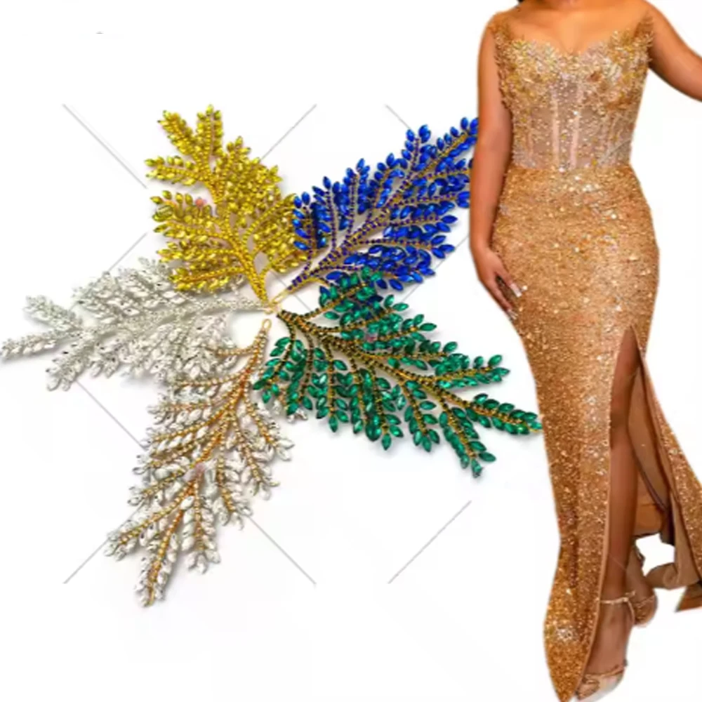 DZ110 Vintage Couture Side-Accented Rhinestone Applique Leaves Headpiece Bead Patches for DIY Clothing Dress