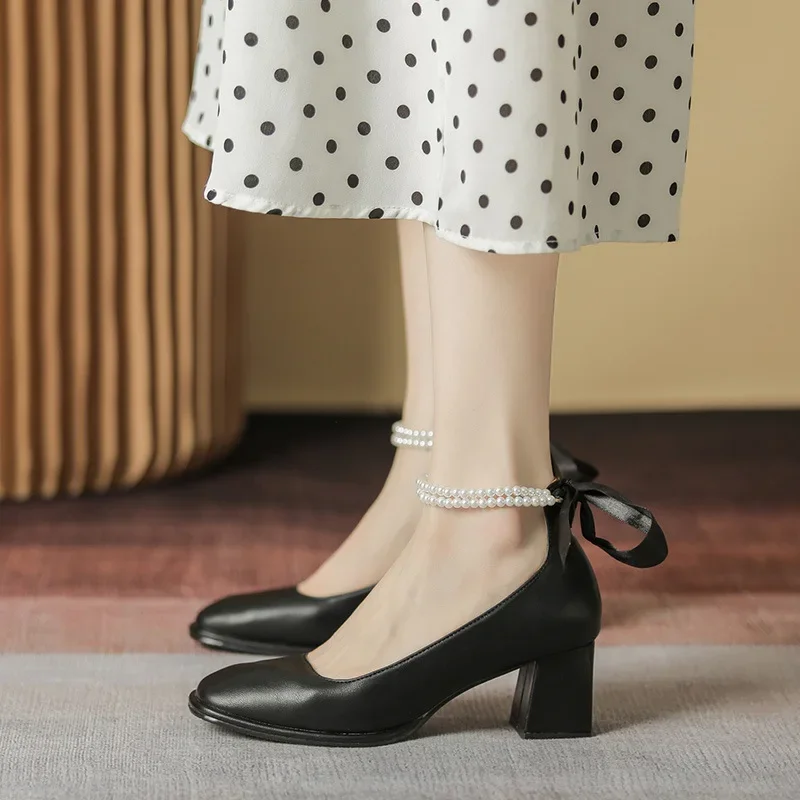 2022 New High Heels Women\'s Fashion Bow Thick Heel Square Toe Mary Jane Shoes Elegant Medium Heel Women\'s Shoes Party Shoes