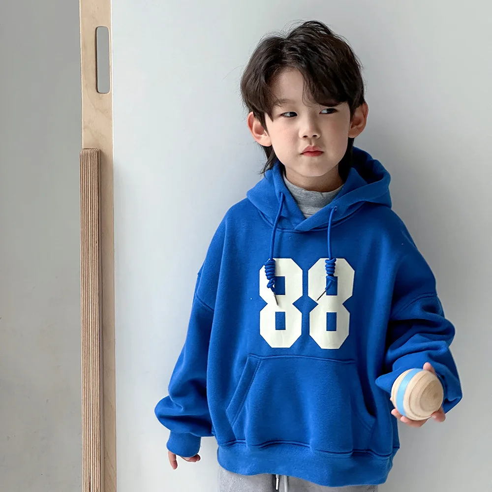 2024 Winter Children Boys Hoodies Letter Big Pocket Solid Hooded Drawstring Fleece Teenager Boys Tops Kids Boys Pullovers