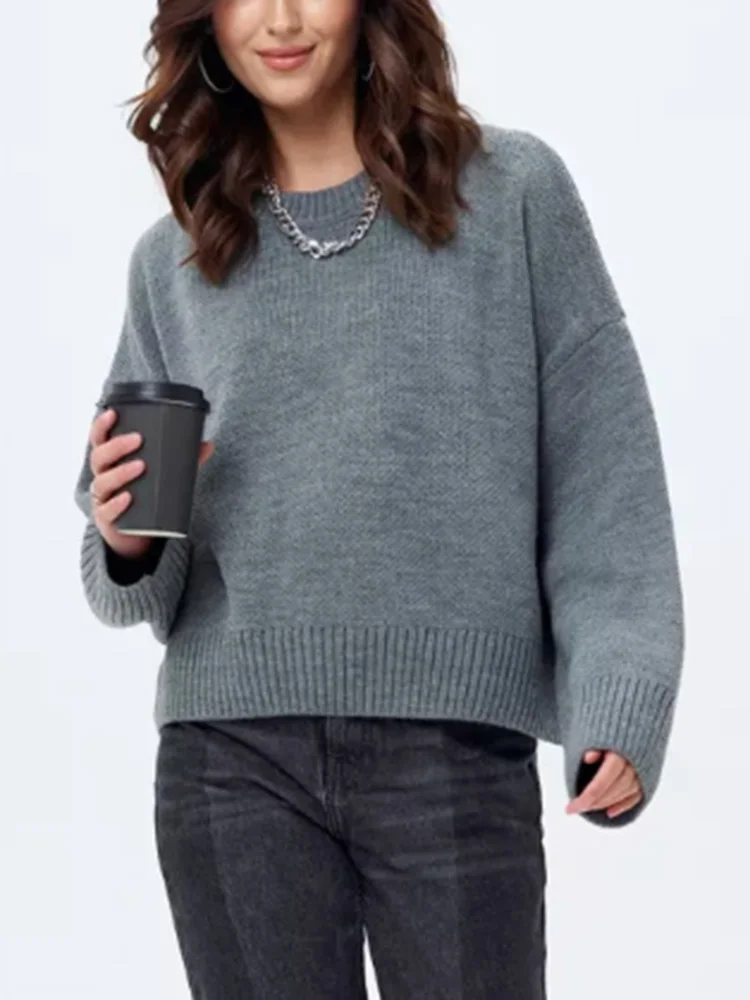 Women\'s Oversize Sweater 2024 Autumn Winter Grey Warm Knitted Outwear Jumper Long Sleeve Top Sweaters Female Clothing 3184