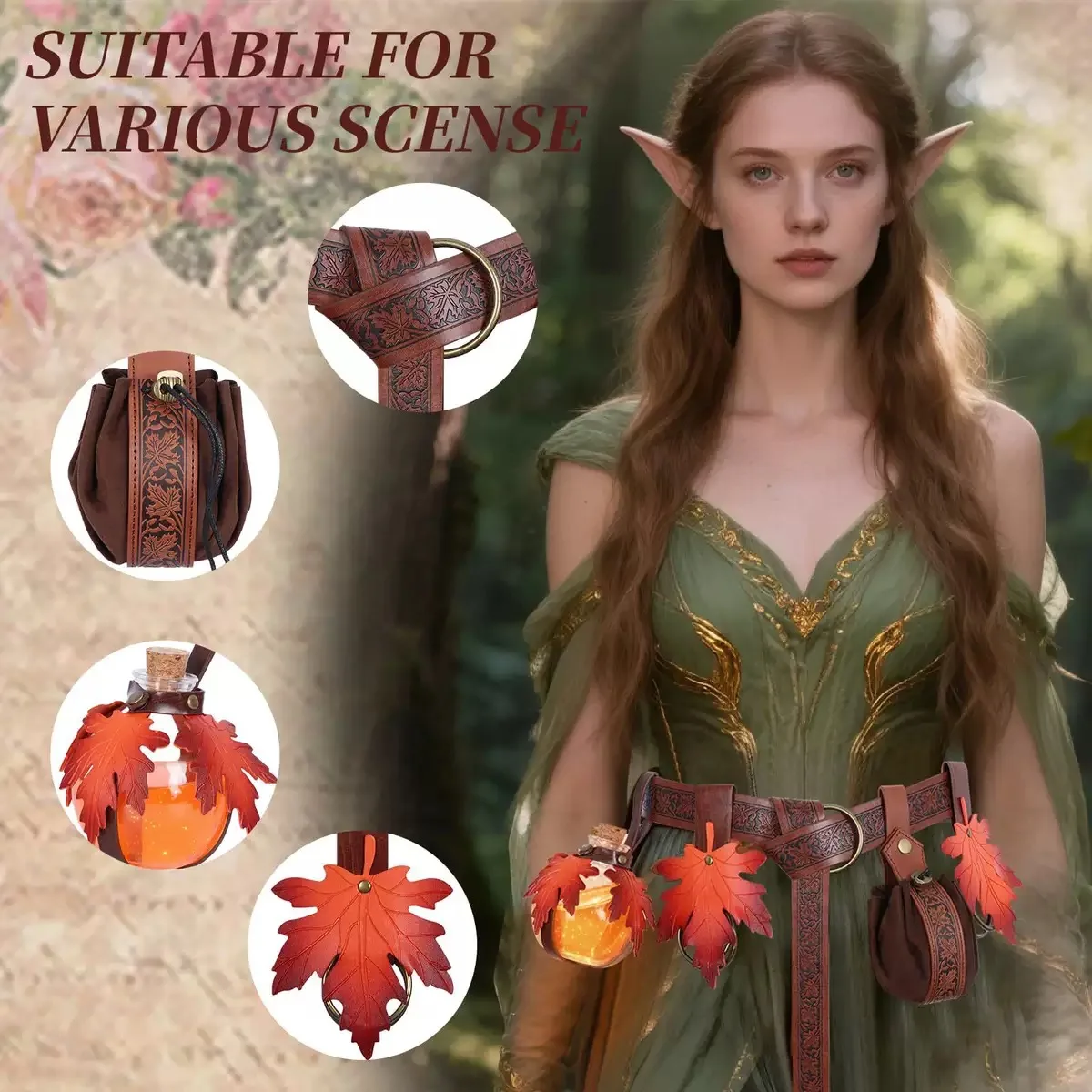 Medieval Carved Maple Leaf PU Leather Belt Set, Vintage Elf Skirt Clip, Renaissance LARP Halloween Cosplay Costume Accessories