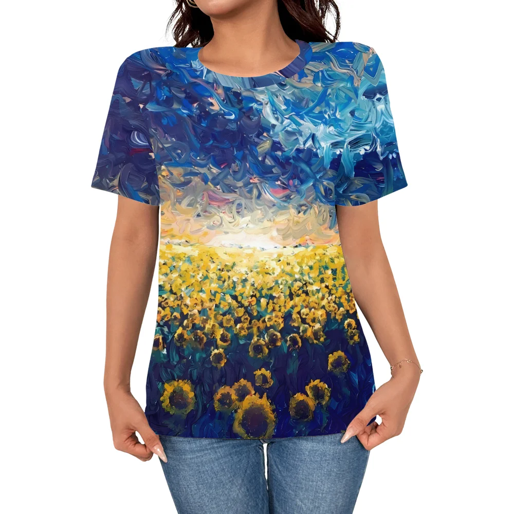 

2025 Summer Women's Fashion Cartoon Art Sunflower 3D Printed T-shirt Short Sleeve Women's Personalized Elegant Short Sleeve Top