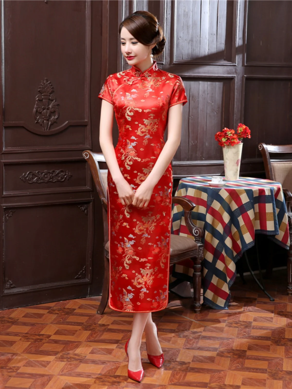 

Slim Fit Long Middle Length Stand Collar Traditional Chinese Sle ort Sve Floral Print High Slit Daily Wear