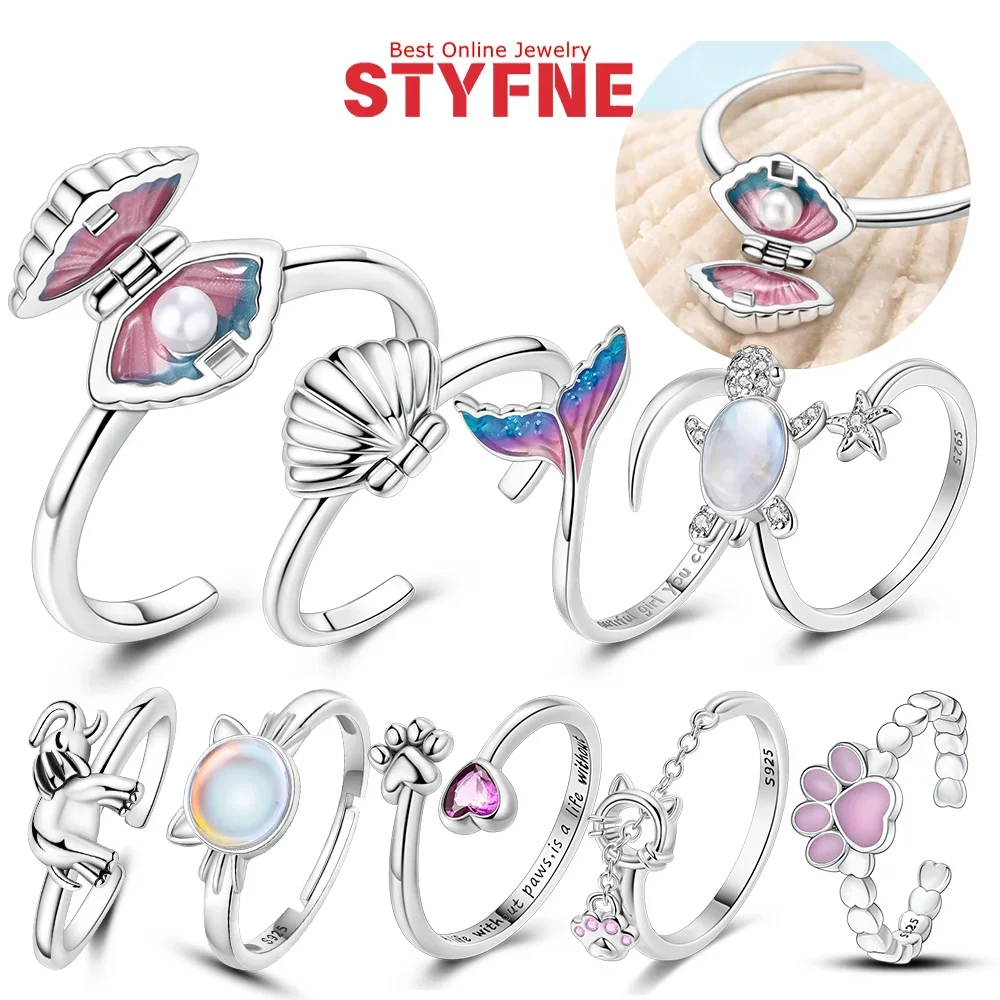 

Original Ring 925 Silver Magic Color Glass Cat Claw Fishtail Shell Turtle Opening Ring for Women Wedding Birthday Jewelry Gift