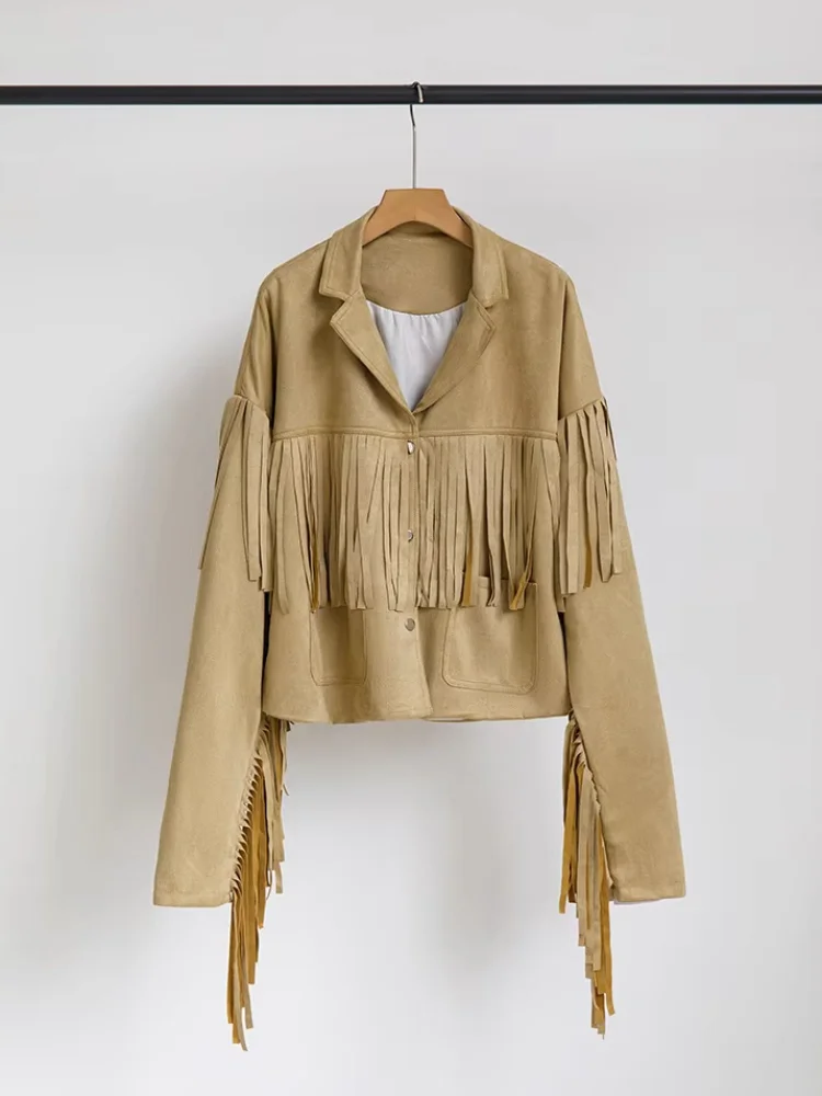 Tassels Patchwork Suede Jackets Women Fashion Button Flip Collar Pockets Loose Coats Jacket 2025 Autumn Clothing Lady Outerwears