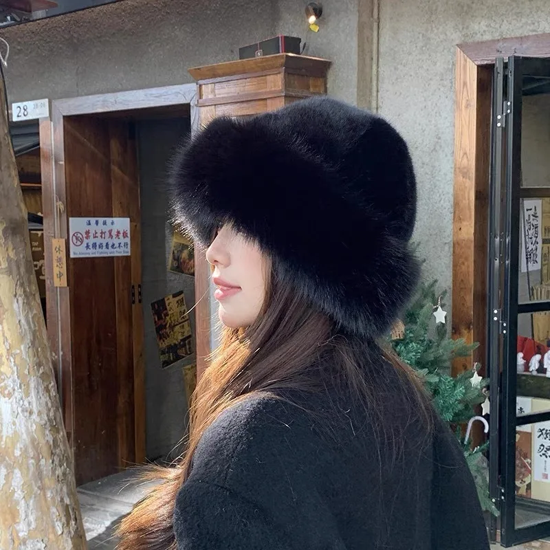 Winter new plush imitation fox bucket hat cold-proof thickened hat imitation leather Mongolian warm ear protector basin hat