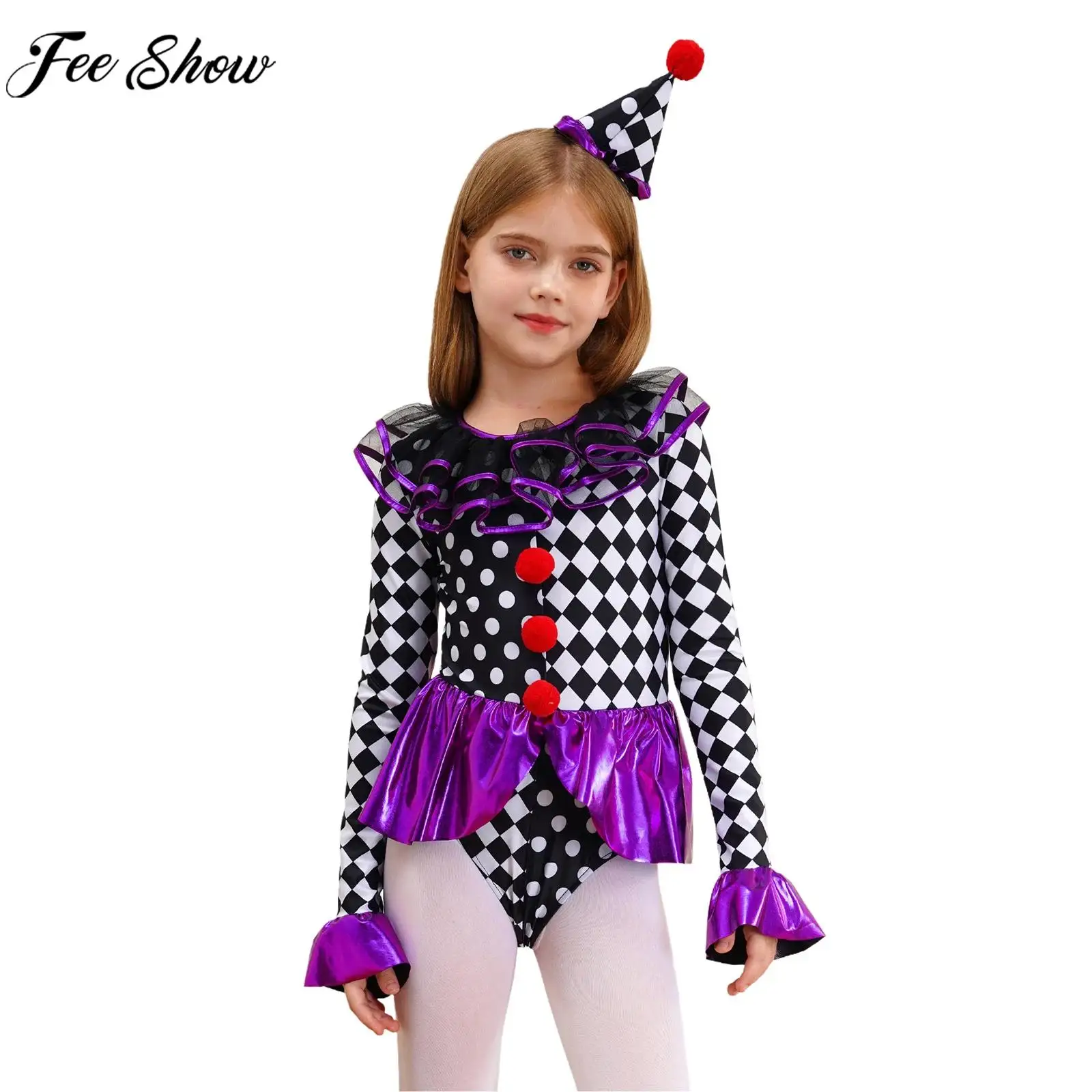 Kids Girls Halloween Circus Clown Dress Up Bodysuit Carnival Theme Party Cosplay Costume Long Sleeve Checkerboard Print Jumpsuit