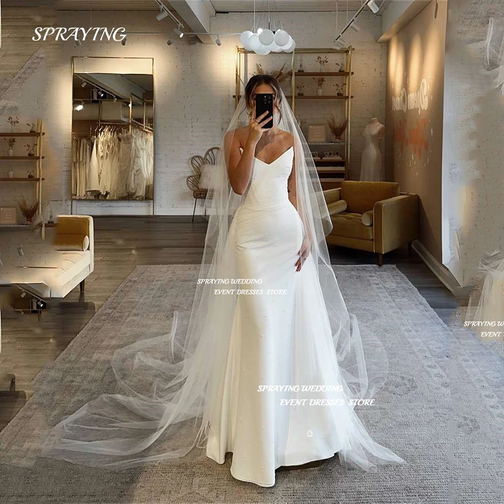 SPRAYING Sexy V Neck Mermaid Wedding Dress Saudi Arabia Soft Satin Floor Length Prom Gown With Veil Sleeveless Vestido De Noiva