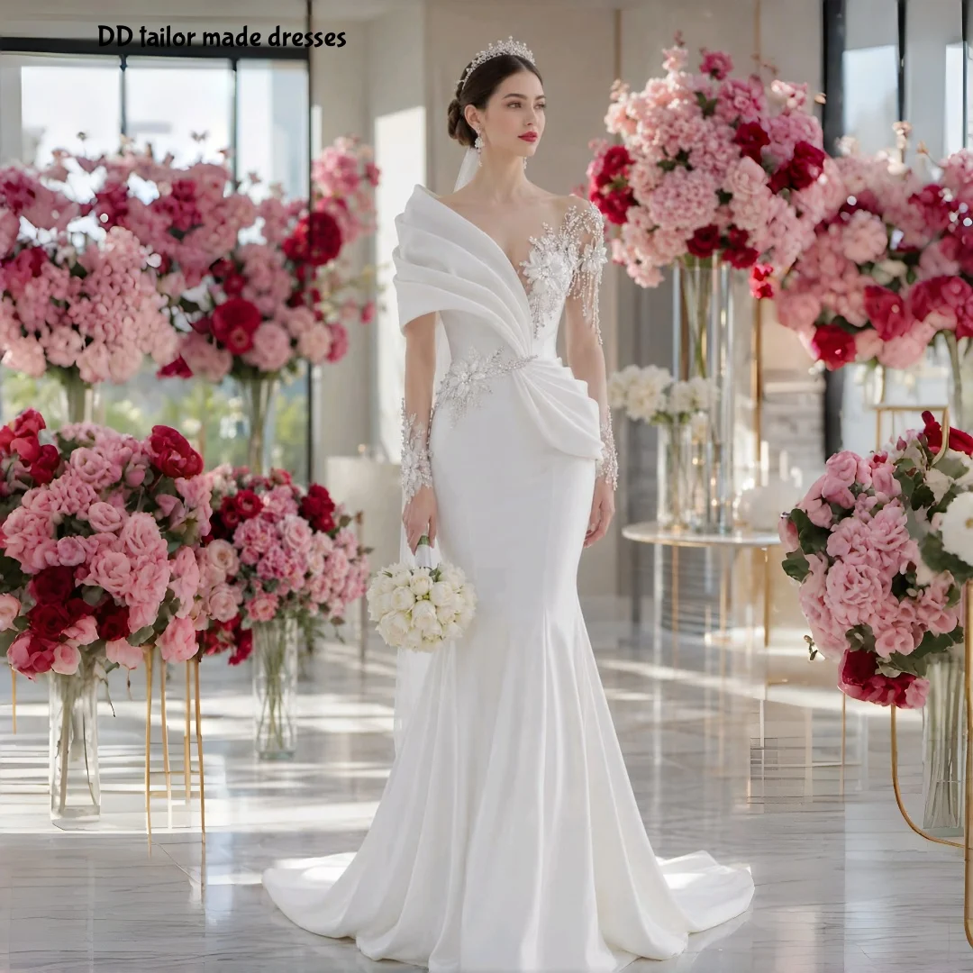 White Satin Mermaid Wedding Dress Deep V Pleated Long Lace Sleeve Crystal Appliques Fitted Elegant Church Bridal Gown Customized