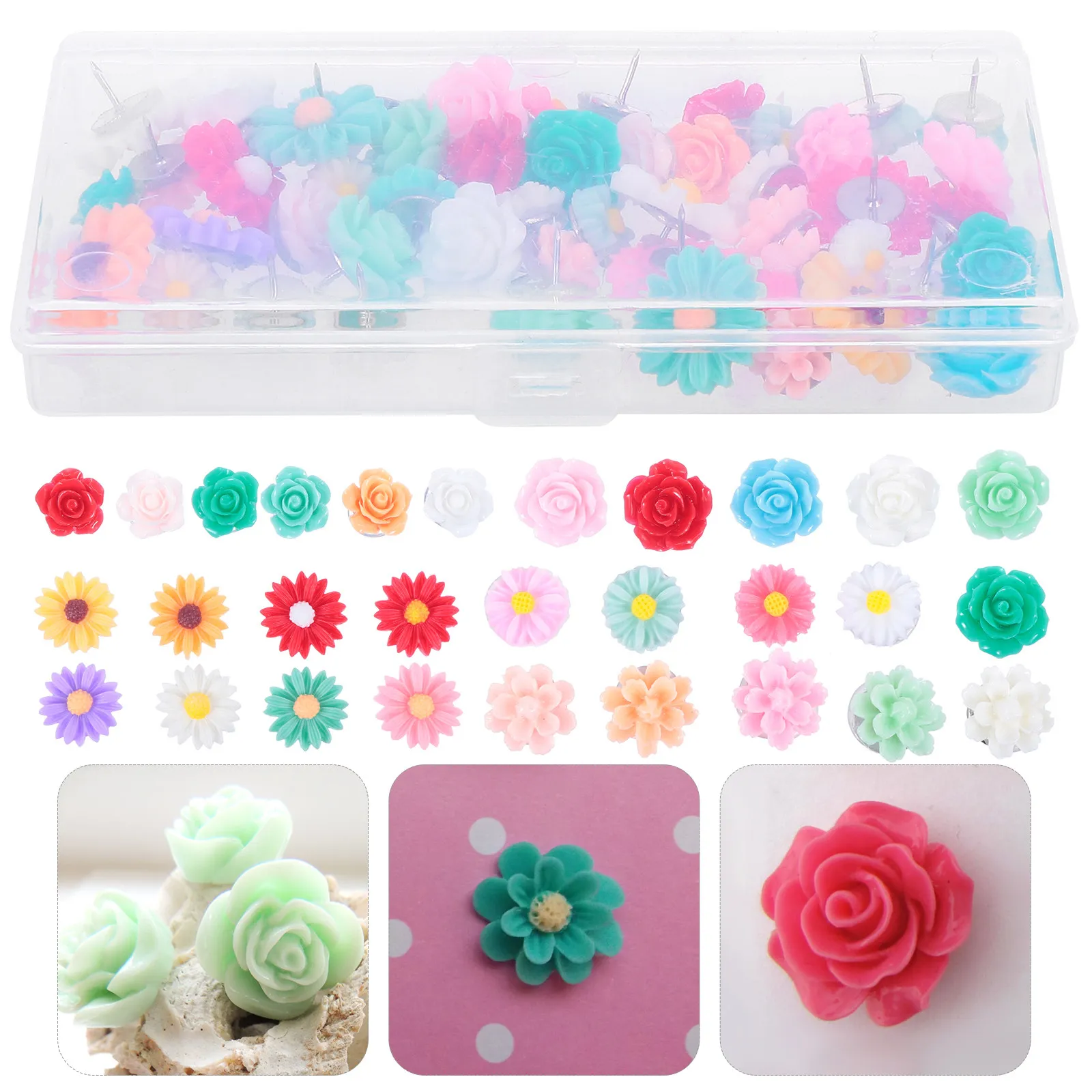 

Набор из 50 ярких кнопок-цветов с головками из смолы и металлическим наконечником, декоративные кнопки для деревянных стен, пробковых досок, маркерных досок, для оформления комнаты