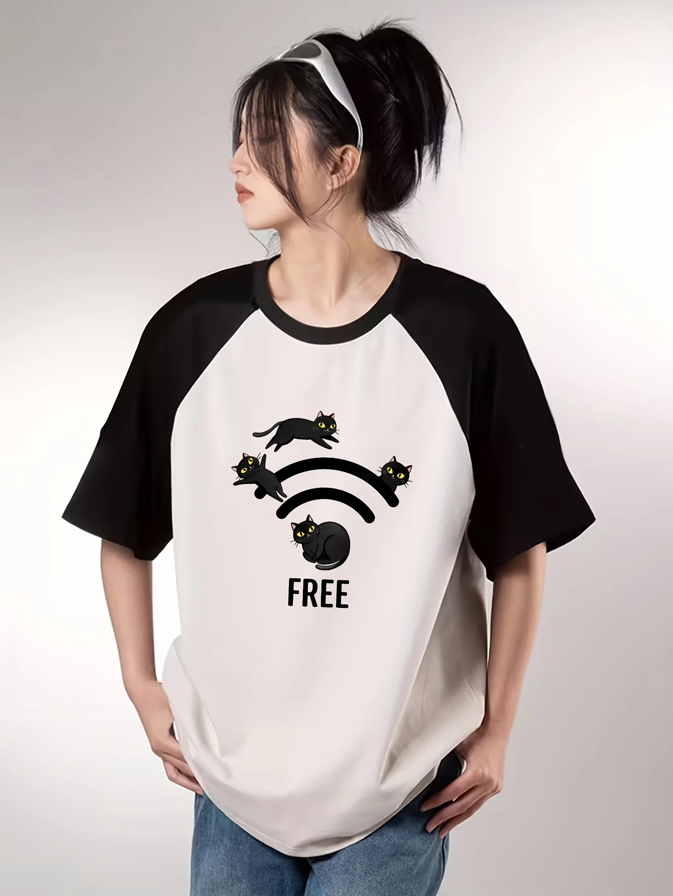 Hobby Cat Wifi Print Raglan Sleeve T-Shirt Women Loose Color Block Short Sleeve Casual Top Summer Raglan Sleeve T-Shirt Female