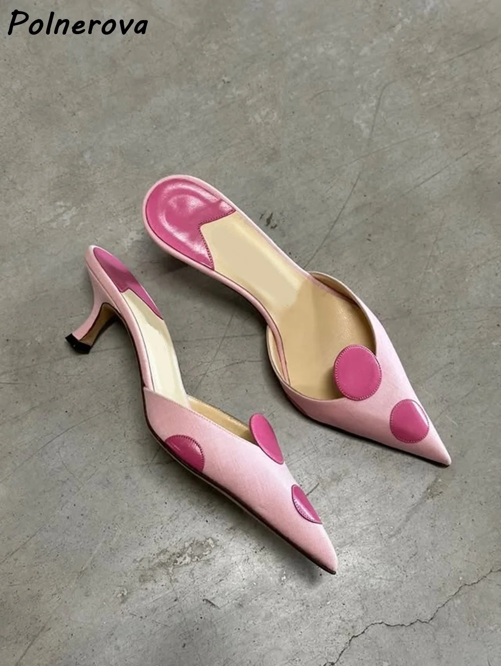 Pink Polka Dot Pointed Toe Shoes Low Kitten Heel Slip-On Sandals Colorful Circle Patches Shoes Elegant Summer Women Shoes