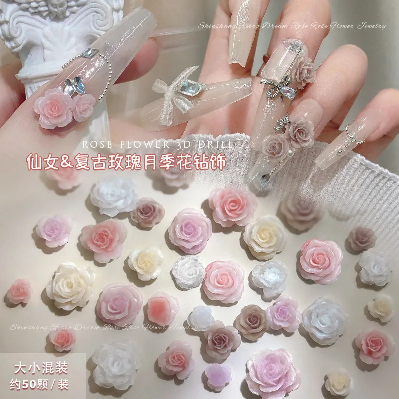 50PCS 3D Mix Sizes Beautiful Blossoming Rose Flowers Resin Adhesive Nail Art Rhinestones Decorations Manicure Kawaii Charms