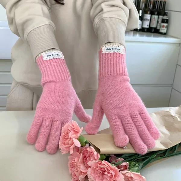 2024 New Style White Knitting Gloves Women's Winter Lengthen to Keep Warm Knitted Finger Open Finger Touch Screen Riding Gloves