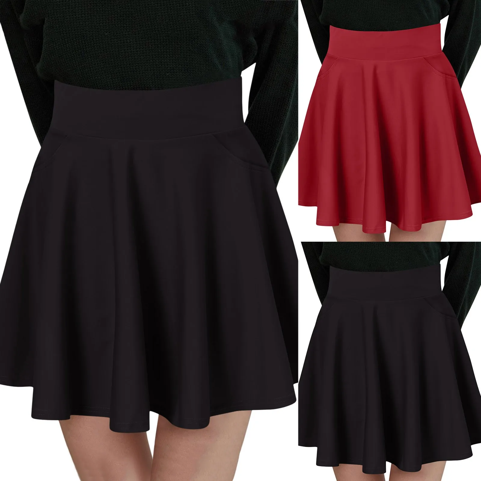 

Pleated Skirt For Women High Waisted A Line Red Faldas Spring Summer Pockets Black Skirt With Inner Anti-Glare Korean Mini Skirt