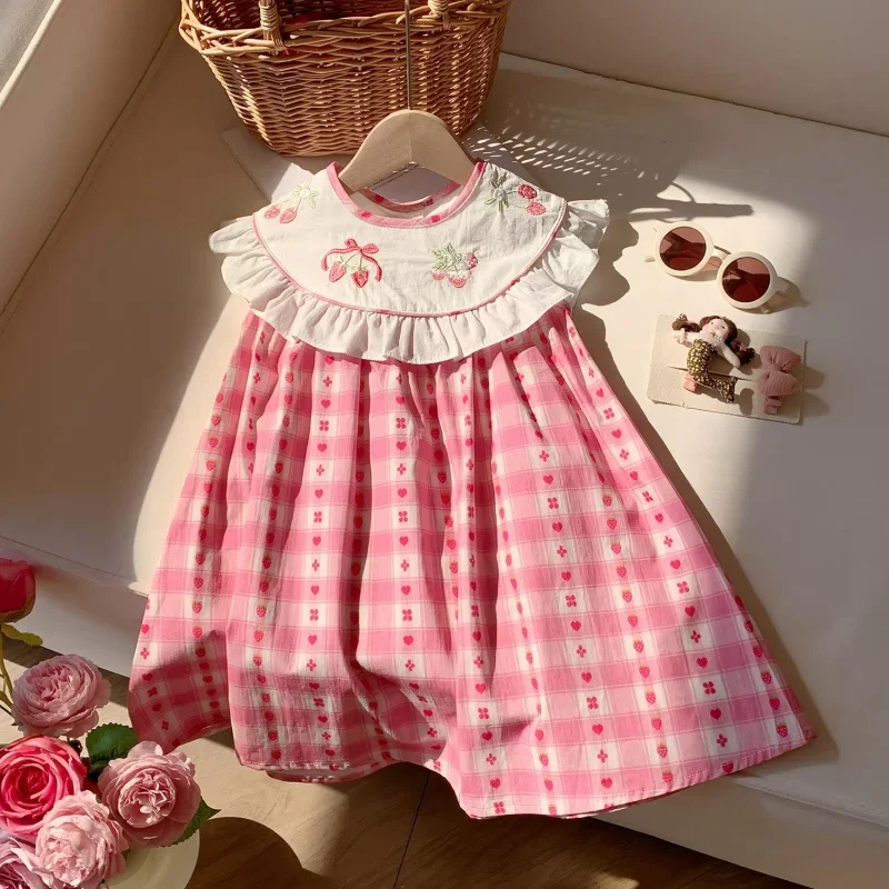 

Summer Strawberry Plaid Embroidered Flounce Sleeveless Sweet Princess Dress 2025 Girls'