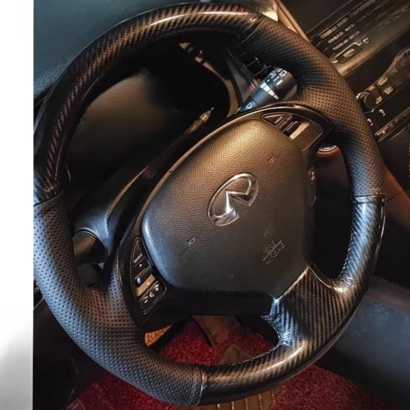 for Infiniti G25 G35 G37 X30 EX35 EX37 Q40 Q60 QX50 2008-2018 Hand-stitched black Leather Carbon Fiber Car Steering Wheel Cover