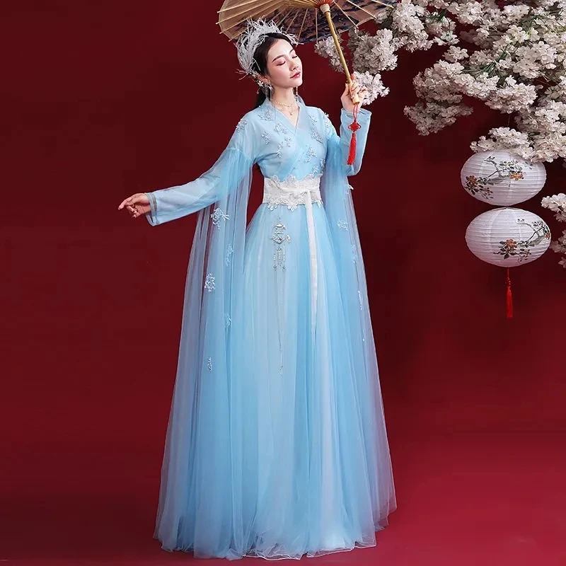 يد نسائية أصلية Hanfu بياقة ، تنورة خصر ، كم واسع ، بدلة أداء رقص كلاسيكية أنيقة للطلاب ، طراز جديد Ha