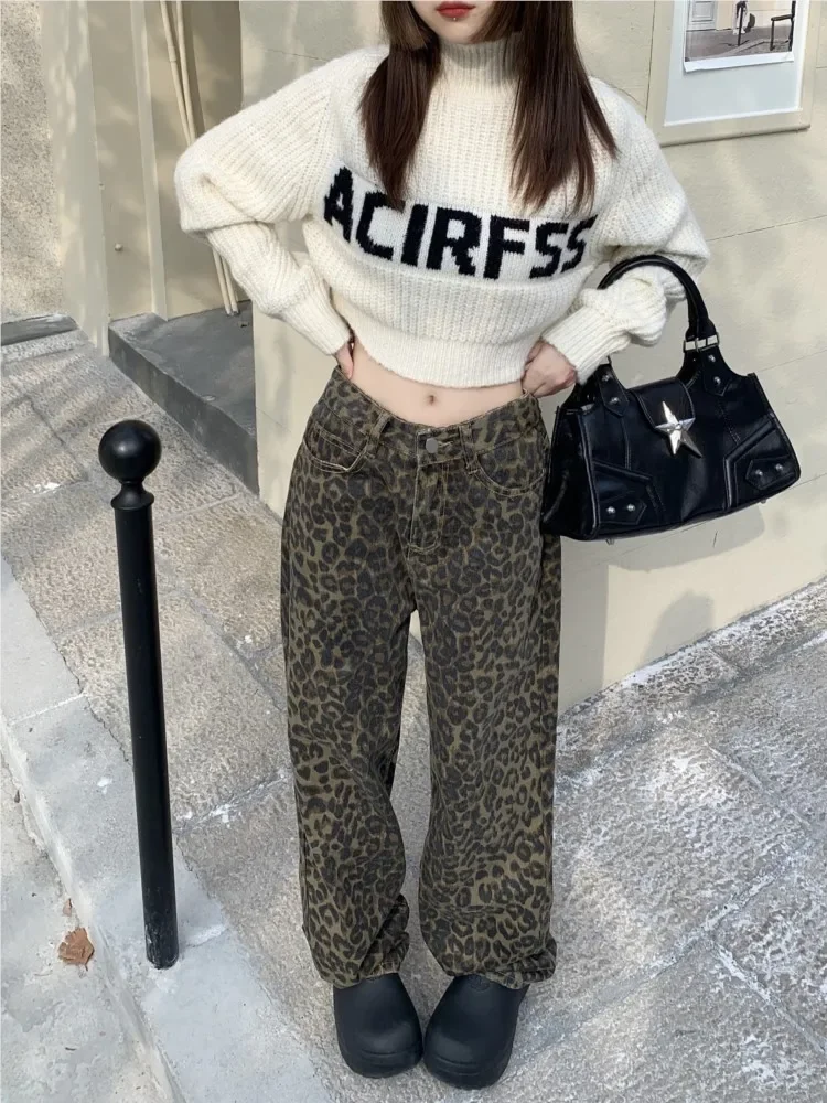 Jeans Leopard Print Spring Autumn Long Pant Women Loose Pleated Fashion High Waist Ladies Trousers Korean Woman Straight Pants