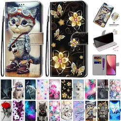 Funda con tapa para Redmi Note 12, 13 Pro Plus, 12C, 12R, 4G, 5G, soporte pintado colorido, Animal, flores, Lobo, gato, perro