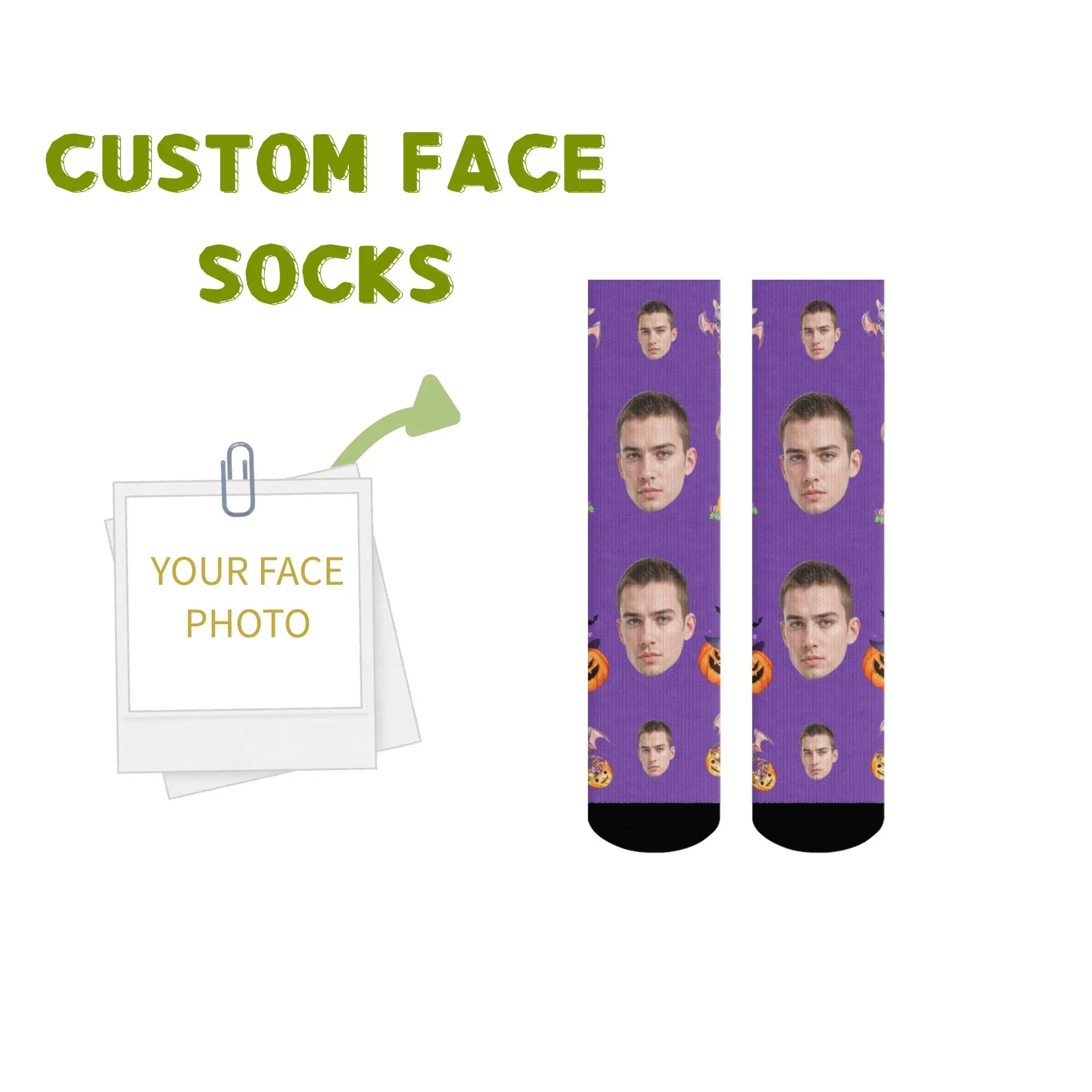 

Personalized Halloween Face Socks Spooky Pumpkin Bat & Witch Hat on Purple Extraordinary Gift for Halloween Parties & Cosplay