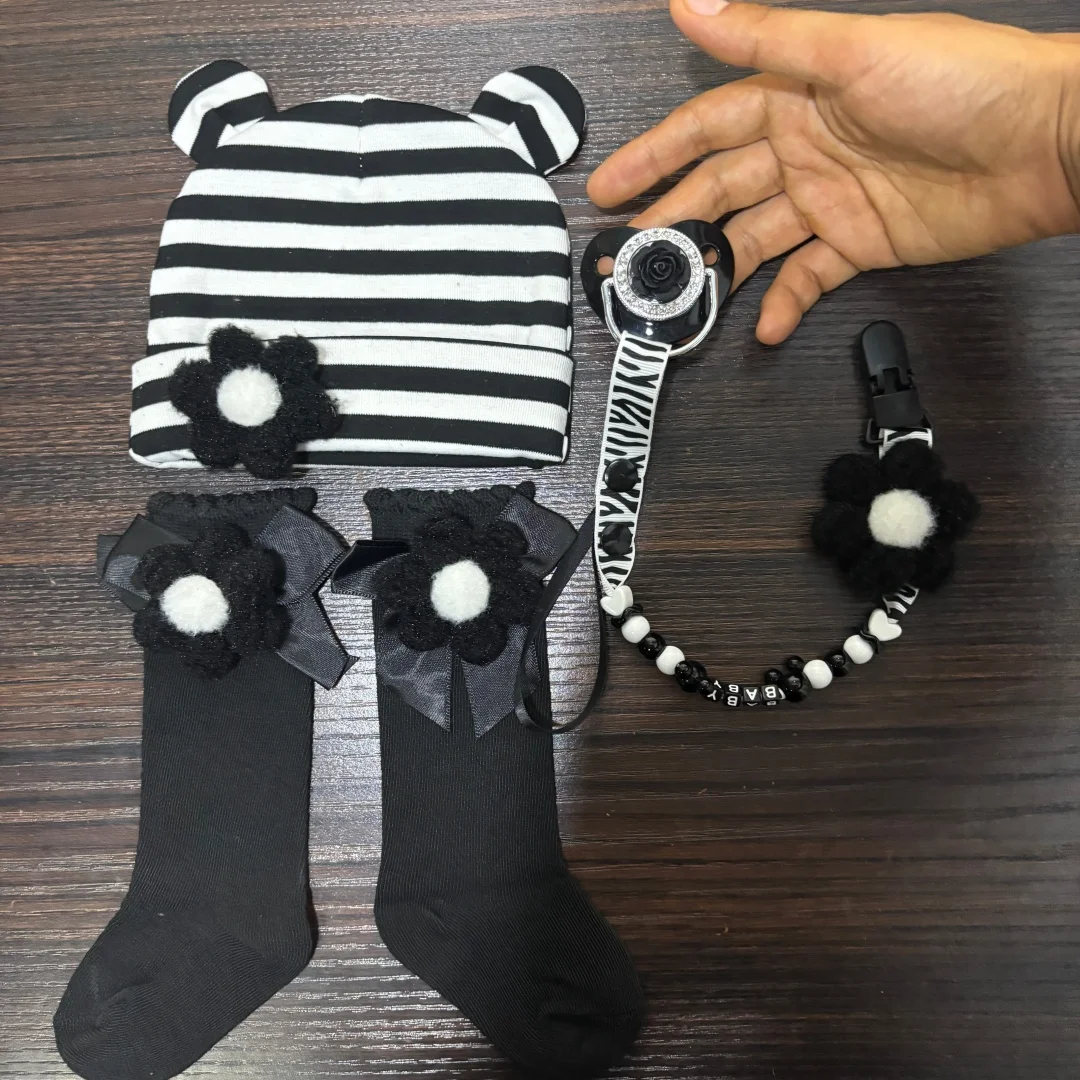 Newborn Baby Pacifier Personalized Clip and Knit Newborn sock covers Hat Set Soft Silicone Soother BPA Free Cute Name Design