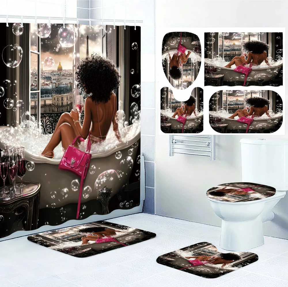 

Набор из четырех предметов для ванной комнаты для купания девочек - авангардная водонепроницаемая занавеска для душа, создающая полный комплект для ванной комнаты