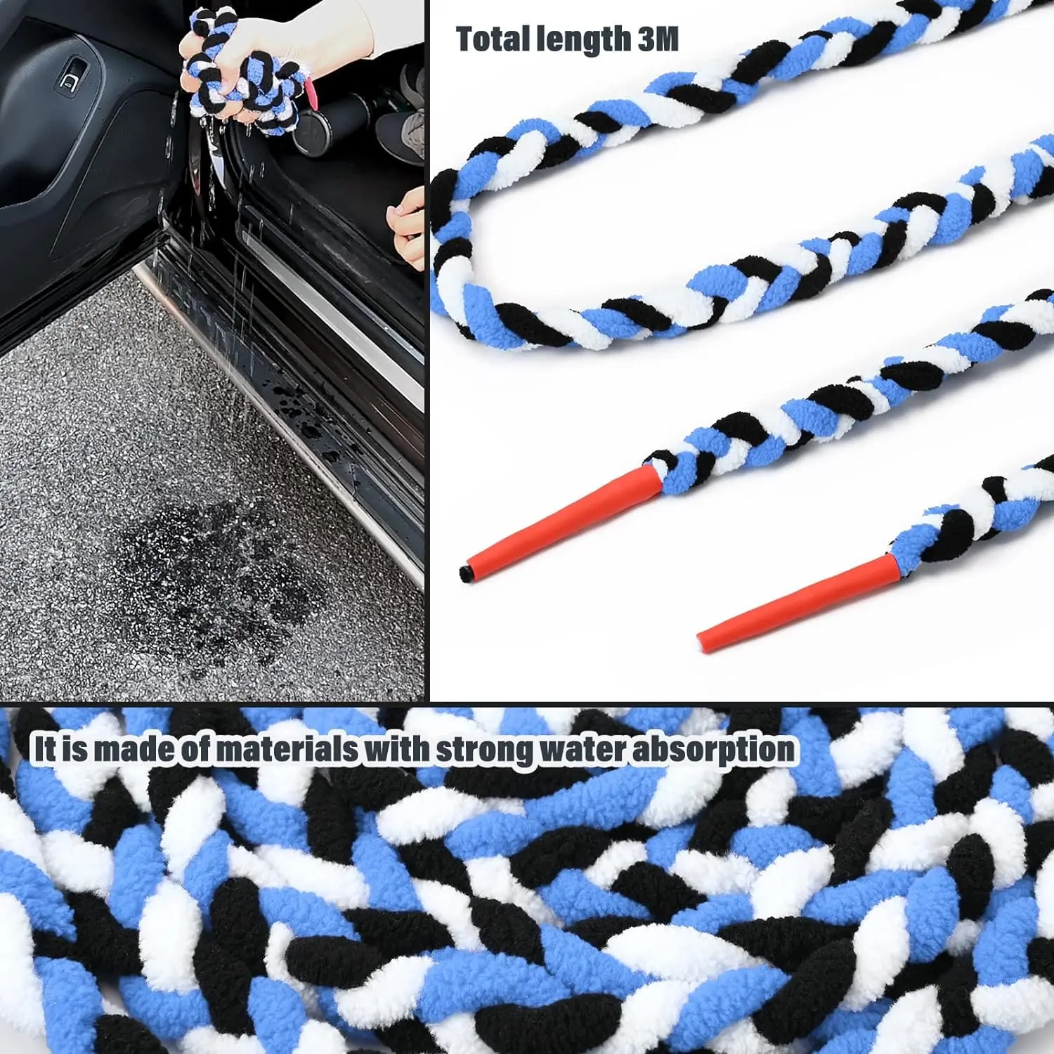 EHDIS 300cm Windshield Cleaning Soak Rope Water Absorbing Microfiber Cloth Car Front Rear Window Tint Film Installing Dry Tool