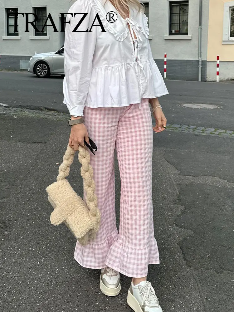 TRAF Women Trousers Plaid Print Elastic Waist Woman Loose Long Pant Sweet Folds Hem Chic Casual Female Wide Leg Pant Streetwear