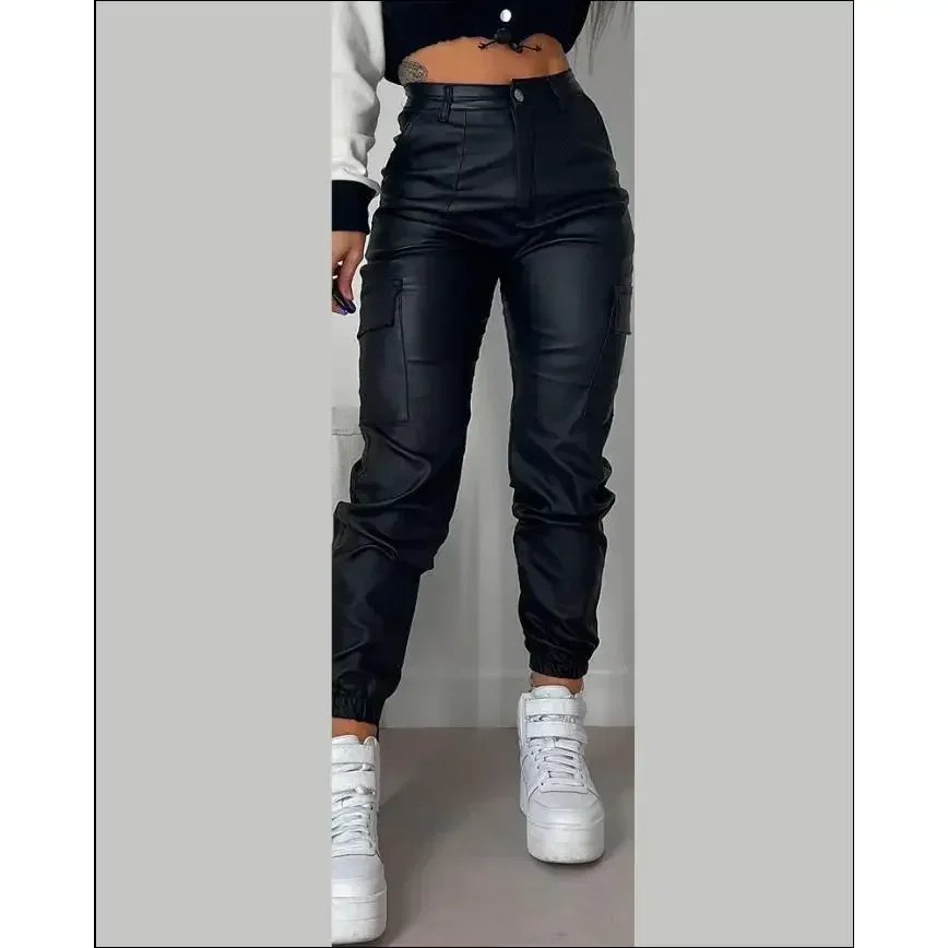 Y2K Vintage femmes élégant Harajuku Streetwear noir Cargo pantalon moto Pu cuir taille haute Harem survêtement pantalon vêtements
