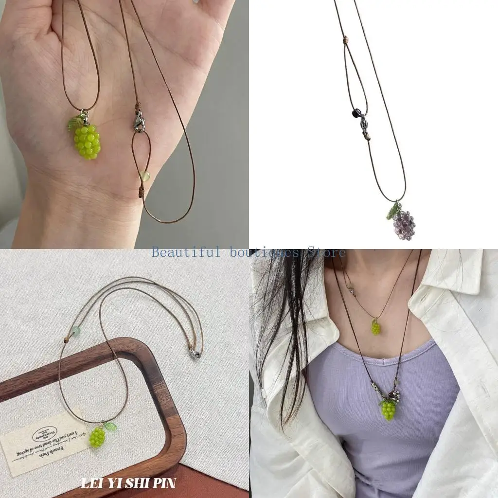U4LF Fruit Charm Necklace with Grape Cluster Pendant, Cord Chain Resin Accent, About 50 for Everyday Outfit Styling