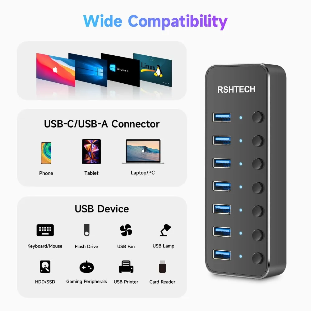 Imagem -06 - Rshttech-usb 3.0 Hub 5gbps 5gbps Alumínio Portas Usb c Switches Individuais para Laptop