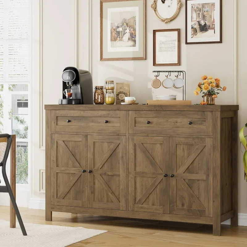 

55" Buffet Sideboard Cabinet with Storage, Modern Farmhouse Coffee Bar with Drawers and Shelves, Barn Doors Storage Cabinet