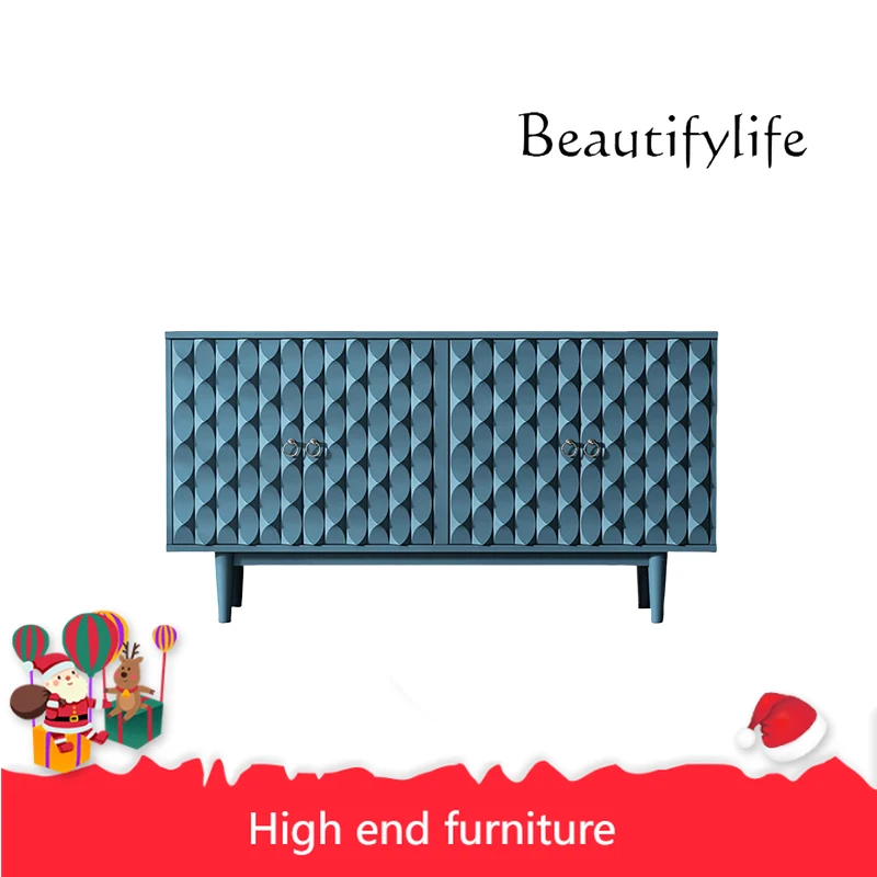 

pP American light luxury blue solid wood porch cabinet French concave living room locker dining side cabinet customization
