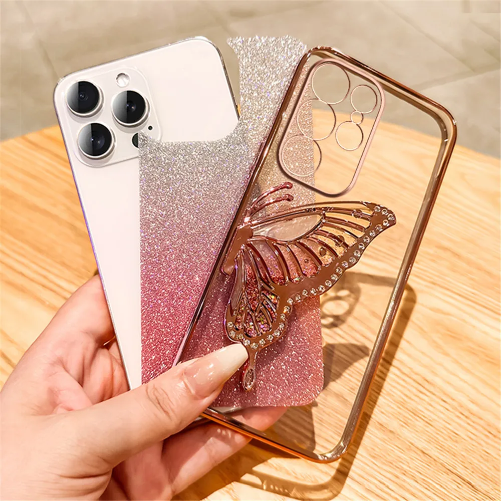 3D Cartoon Butterfly Quicksand Phone Case For Samsung Galaxy S24 Ultra S23 FE S22 S21 S20 S10 Plus Note 20 Plating Glitter Cover