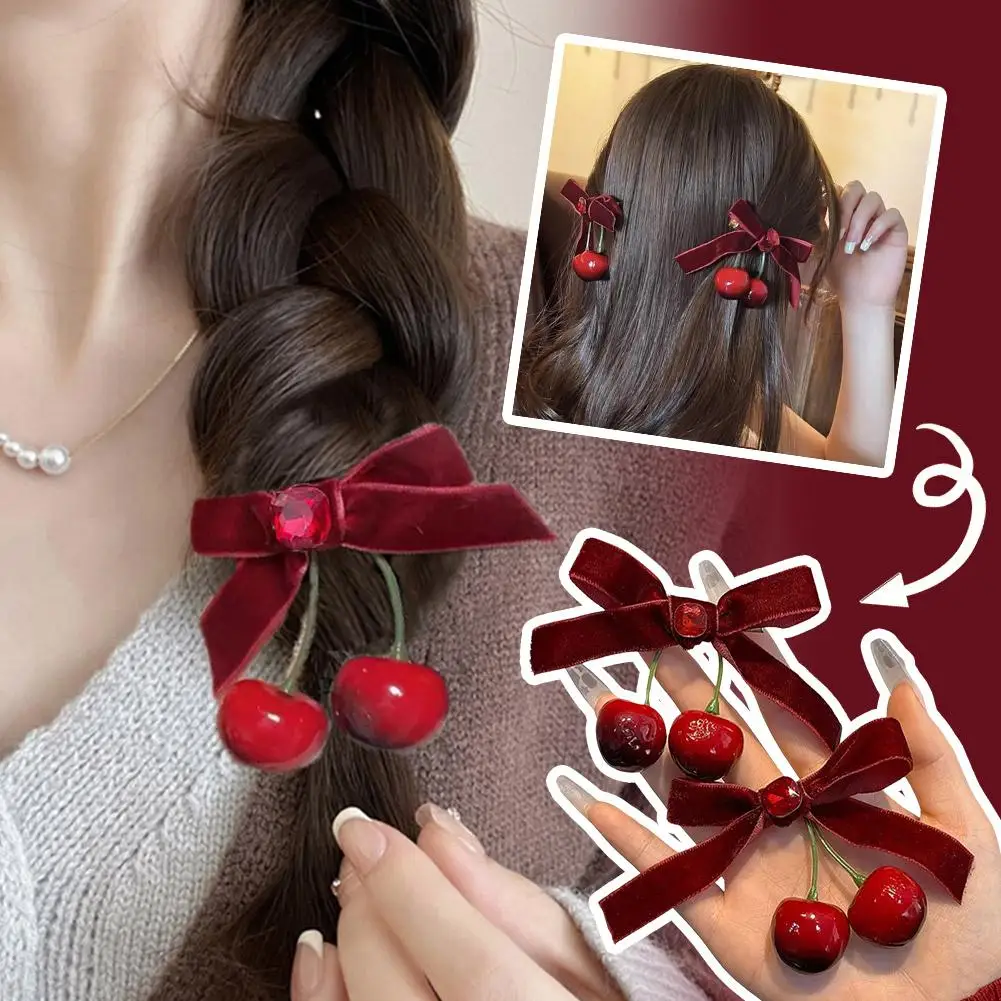 Kirschrote Schleife, Samtstruktur, elegante Haarspange, modische, vielseitige Kanten-Haarnadel, süße, coole Kopfbedeckung, Haarschmuck für Mädchen
