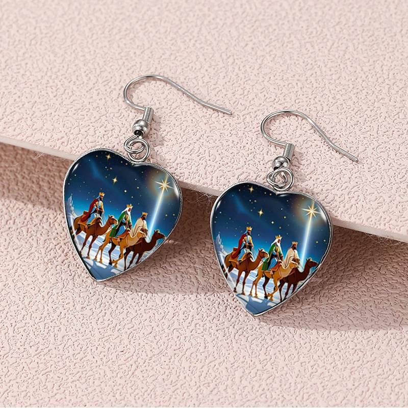 2024 New the Birth of Jesus Dangle Earring Heart Shaped Earrings Handmade Glass Dome Jewelry