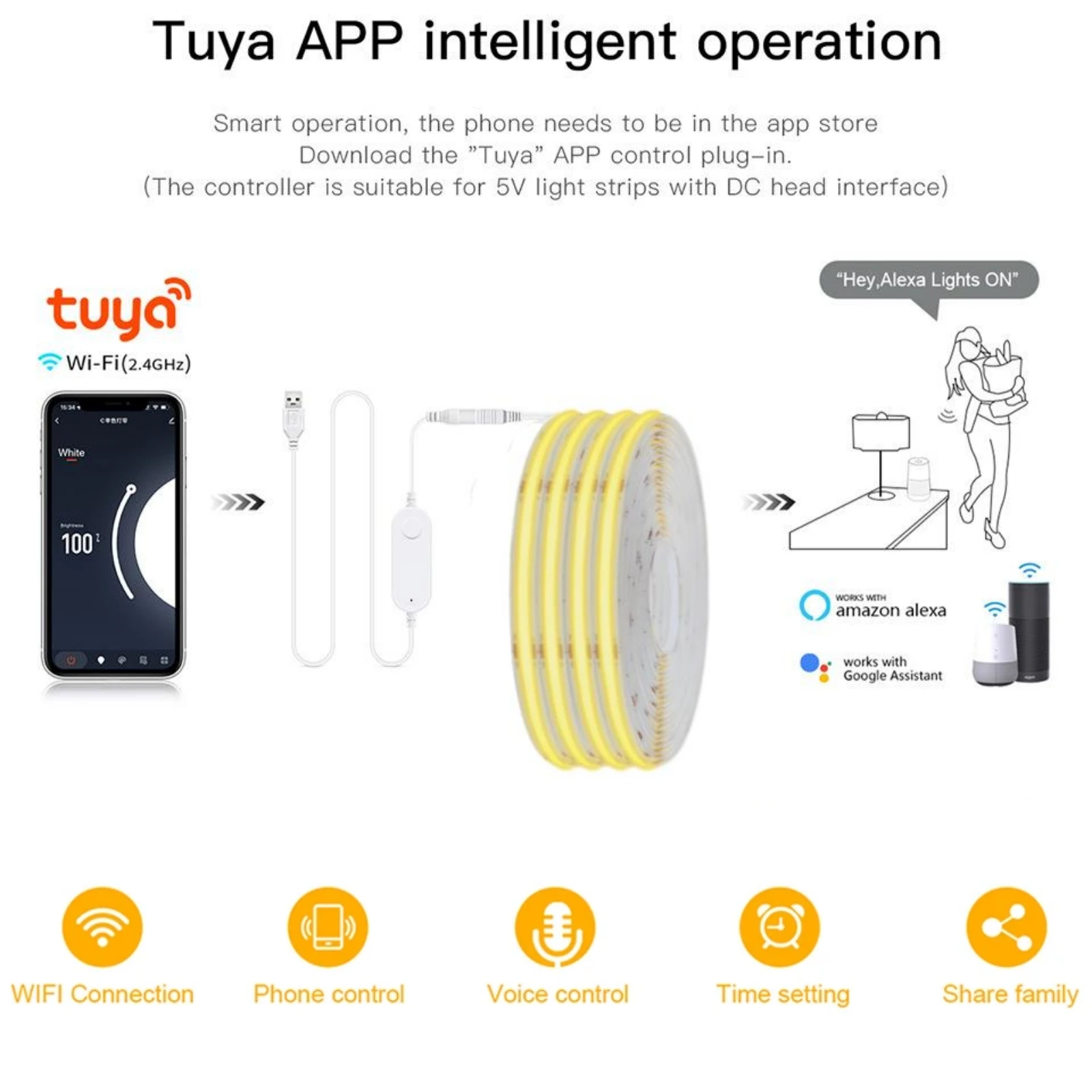 Tuya Smart Life WiFi COB LED Strip 5V USB LED Tape Warm Natural White Dimmable COB LED Strip Light Work With Alexa Google Home