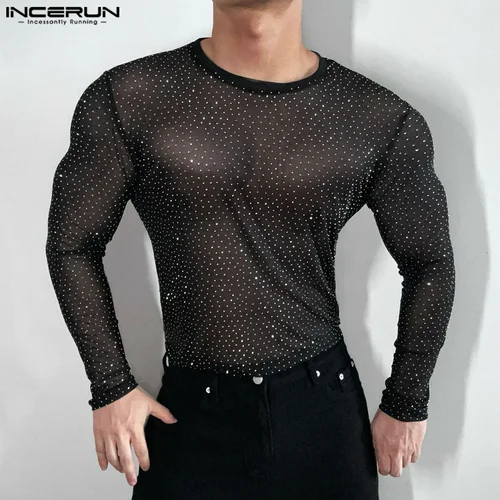 Tops de estilo informal a la moda INCERUN, Camiseta con diseño de tela brillante para hombre, Camiseta Sexy de manga larga para hombre, S-5XL