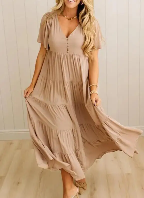 

2026 Summer Casual New Fashionable Women's Elegant Sexy Dress Layered V-Neck Ruffle Button Skirt Female Clothing