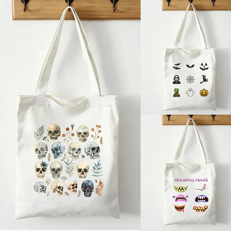 Cartoon Mouth Monster Skull Print Tote Bag Organizer New Large Capacity Storage Shoulder Bags Eco Friendly Shopping Bag Handbag