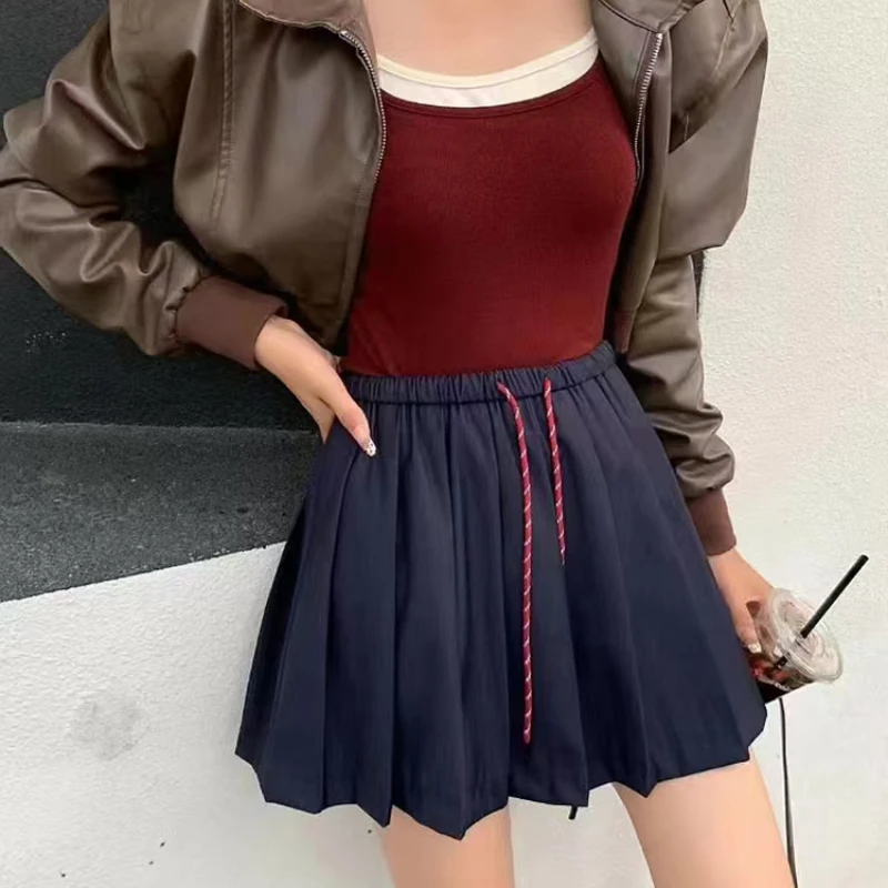 

Drawstring Suit Pleated Skirt for Women Autumn Casual High Waisted Mini Skirt Women Preppy Style Slim Fit A-line Tennis Skirt